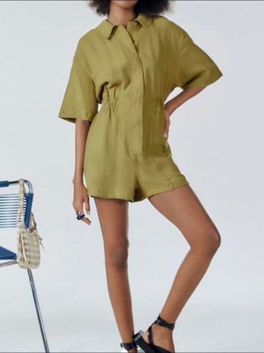 Zara Army Green Button Down Utility Romper with Pockets Size Large